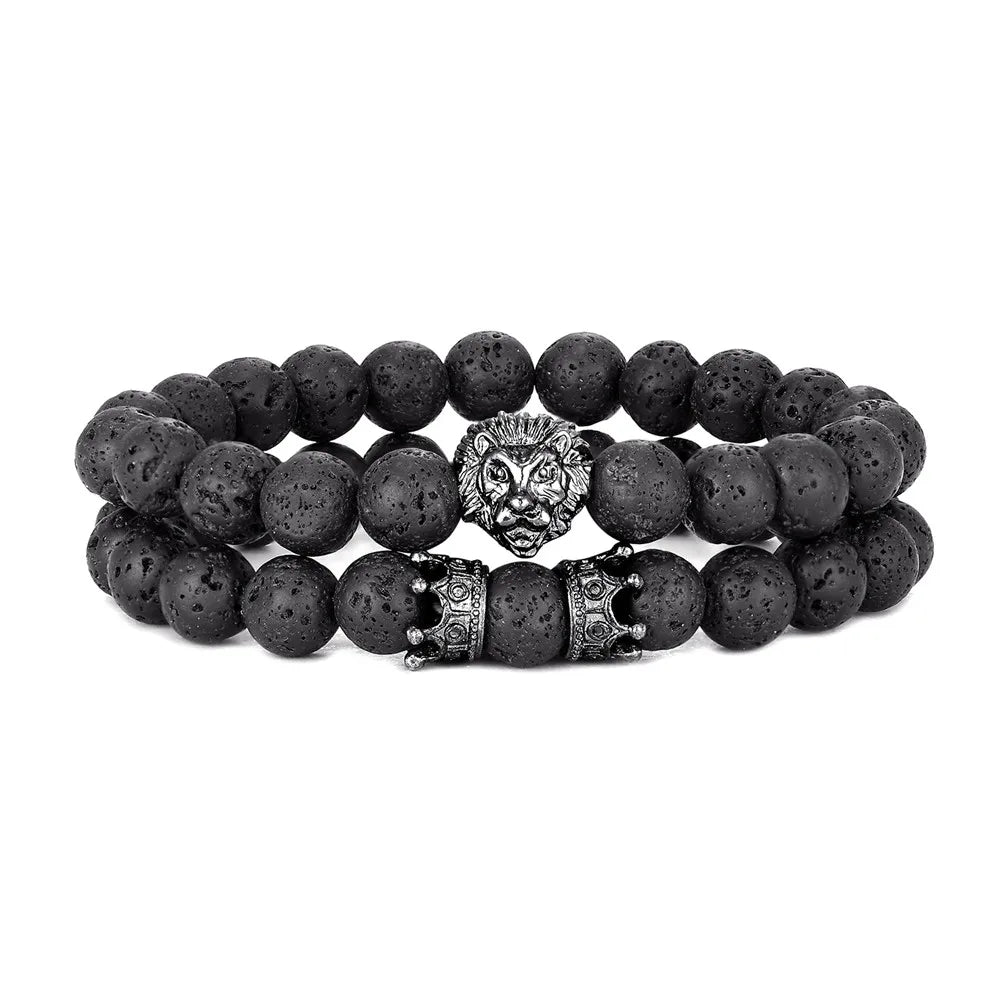 Lava Stone Lion Head Crown Charm Bracelet
