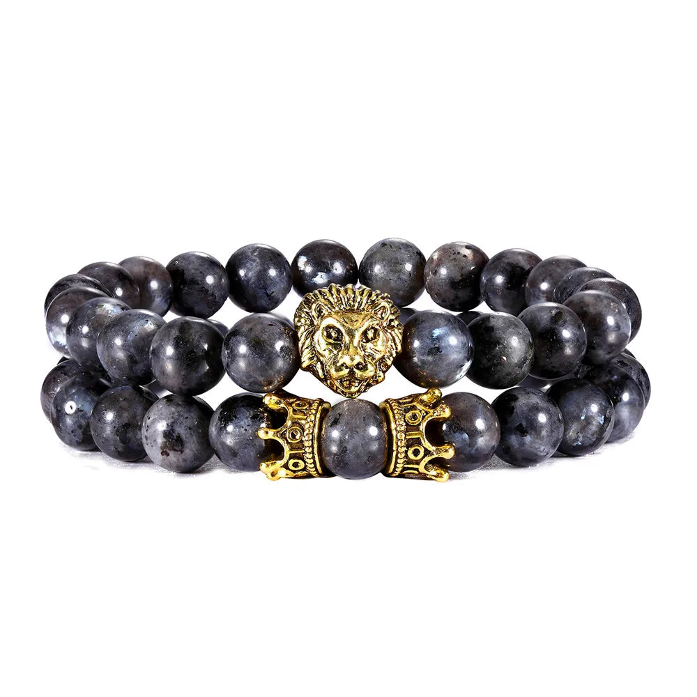 Lava Stone Lion Head Crown Charm Bracelet