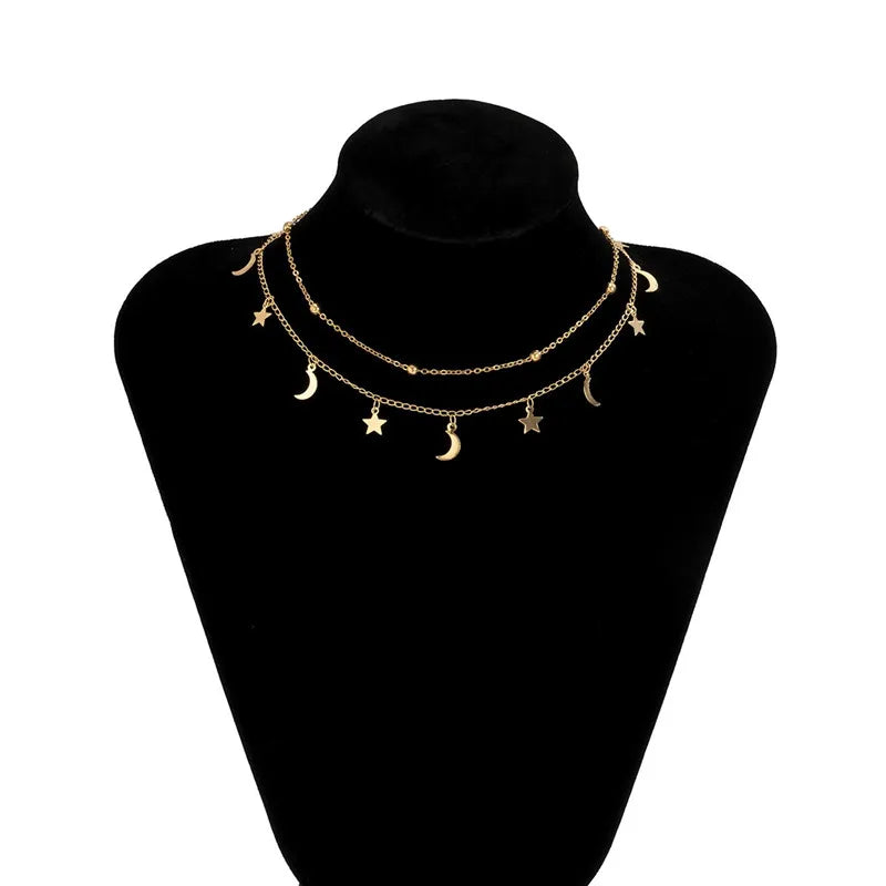 Double Layer Star & Moon Necklace - Minimalist Beaded Clavicle Chain