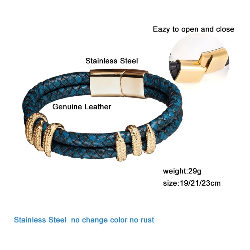 Stainless Steel Genuine Leather Dragon Claw Charm Bracelet