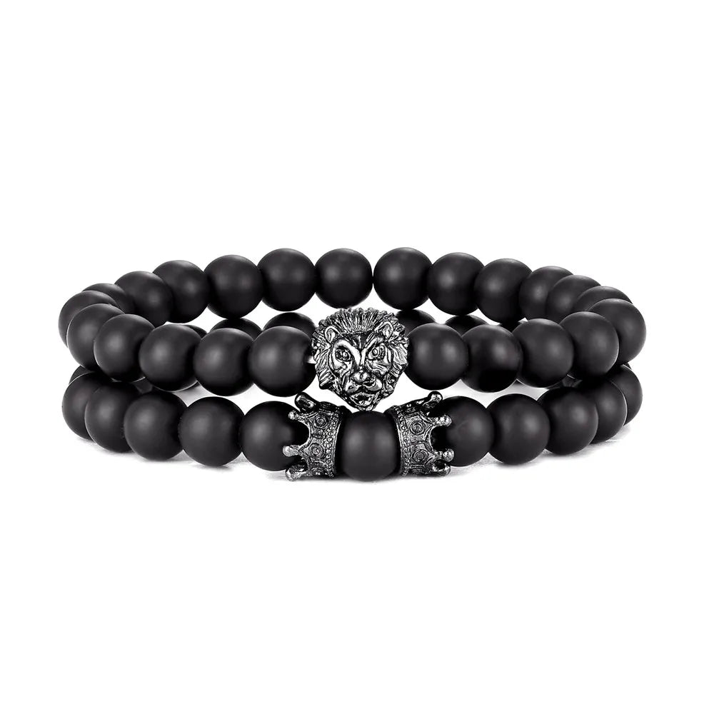 Lava Stone Lion Head Crown Charm Bracelet