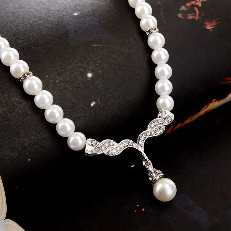TREAZY Pearl Drop Bridal Jewelry Set - Rhinestone Necklace & Earrings