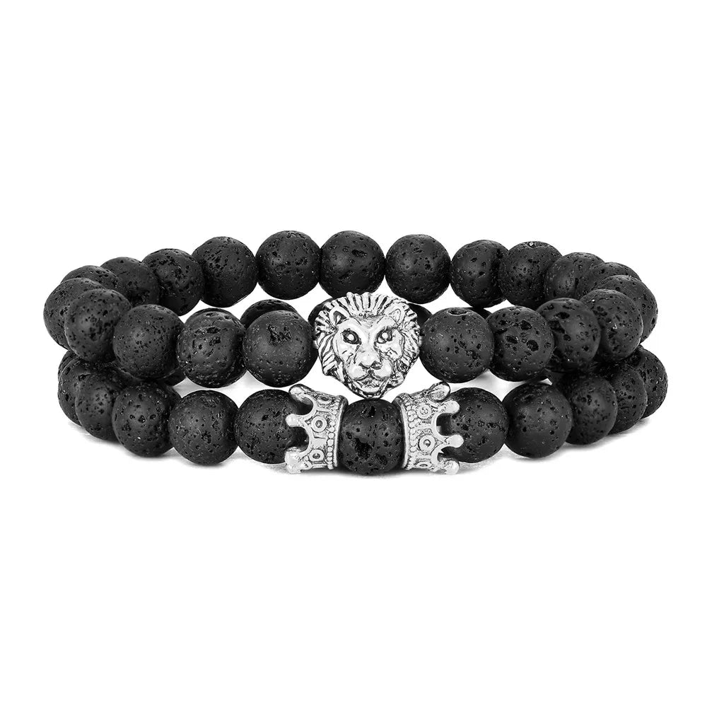 Lava Stone Lion Head Crown Charm Bracelet