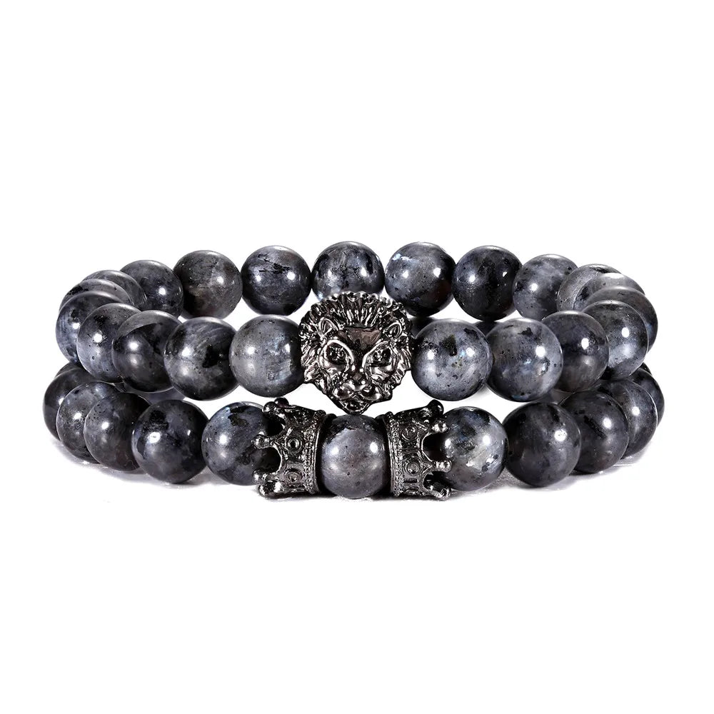 Lava Stone Lion Head Crown Charm Bracelet