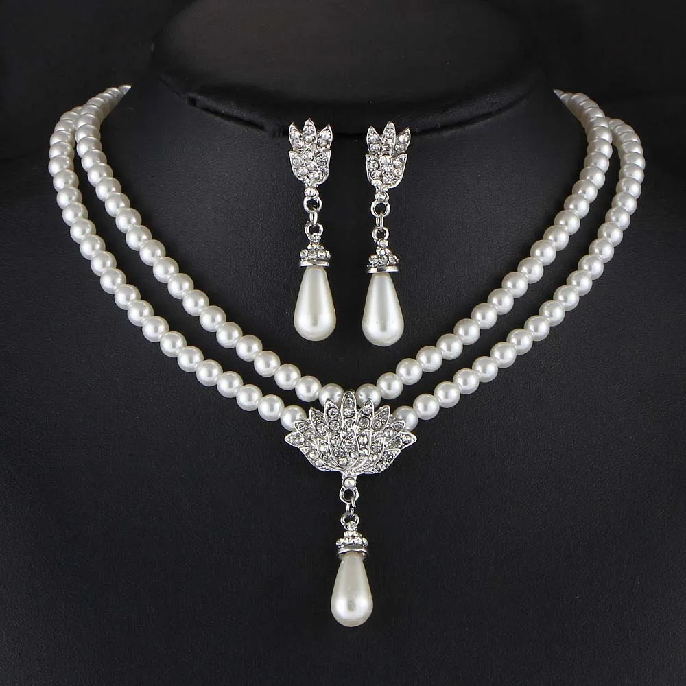 TREAZY Pearl Drop Bridal Jewelry Set - Rhinestone Necklace & Earrings