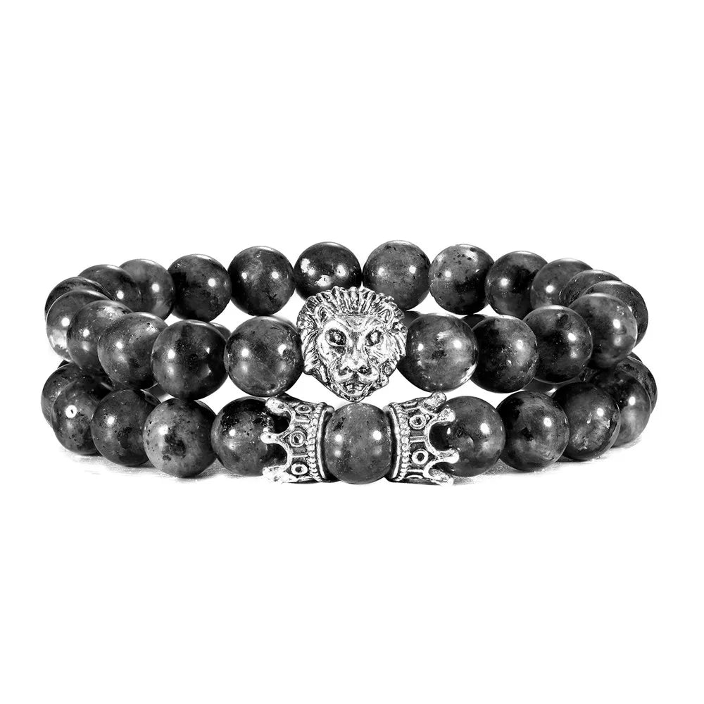 Lava Stone Lion Head Crown Charm Bracelet