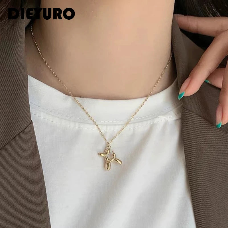 316L Stainless Steel Balloon Dog Pendant Necklace - Playful Gold Tone Charm