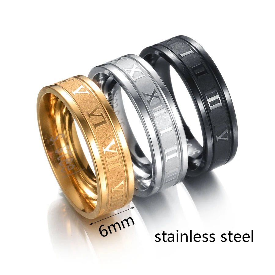 6mm Stainless Steel Roman Numeral Ring