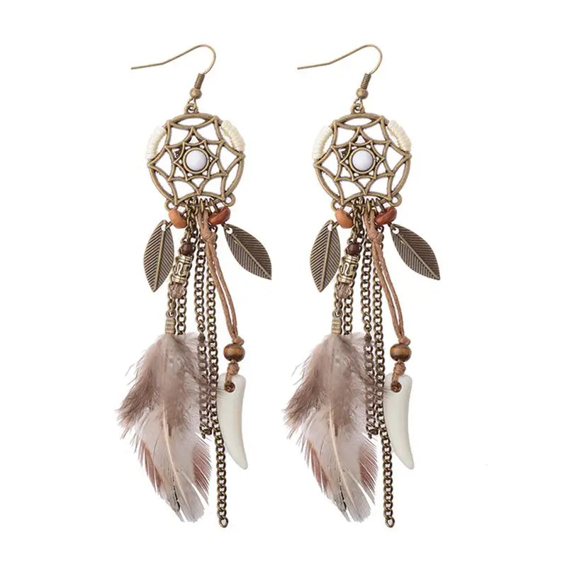 Boho Dream Catcher Feather Tassel Earrings