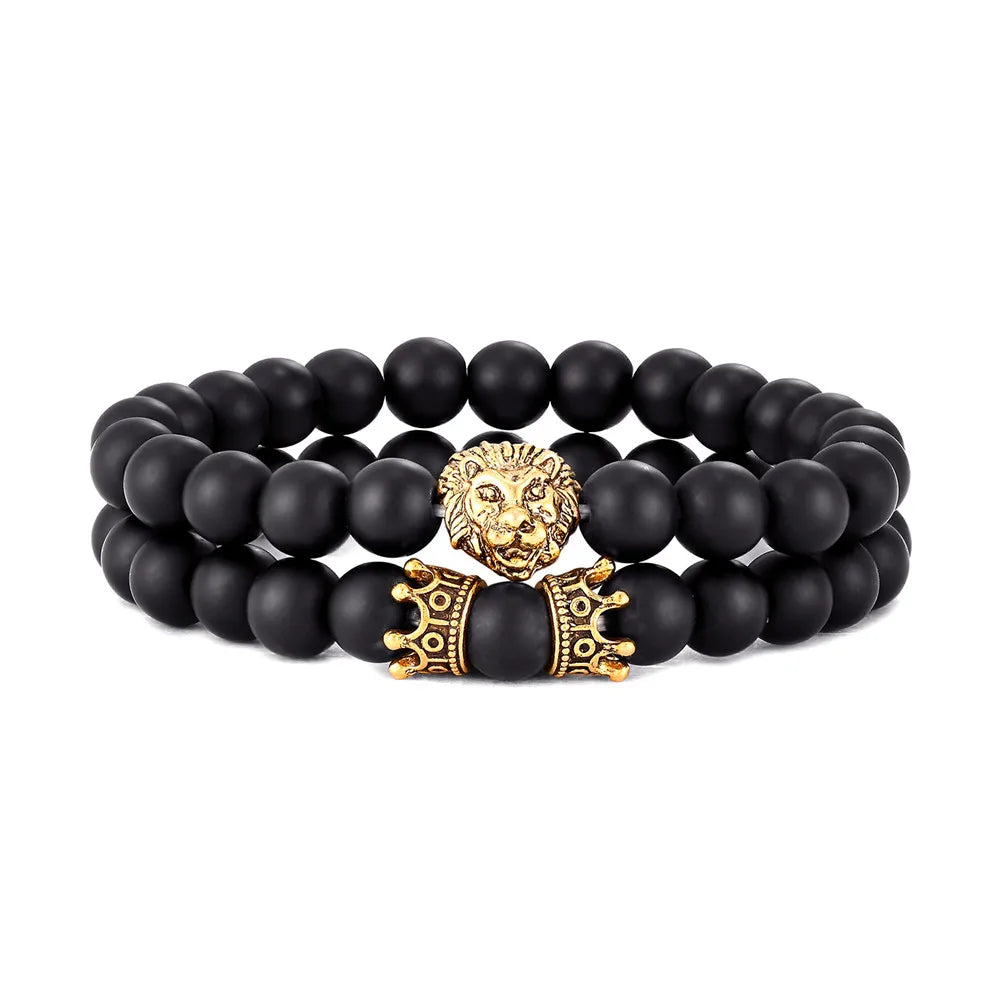 Lava Stone Lion Head Crown Charm Bracelet