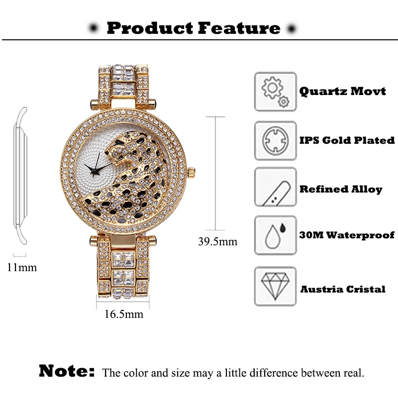 MISSFOX Crystal Leopard Women's Watch - Gold Tone Quartz Style
