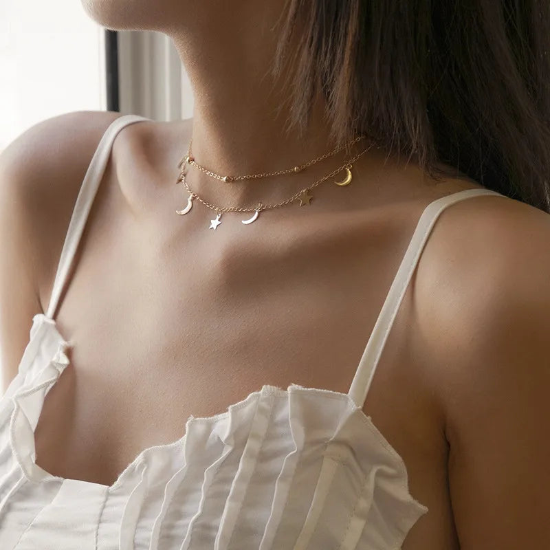 Double Layer Star & Moon Necklace - Minimalist Beaded Clavicle Chain