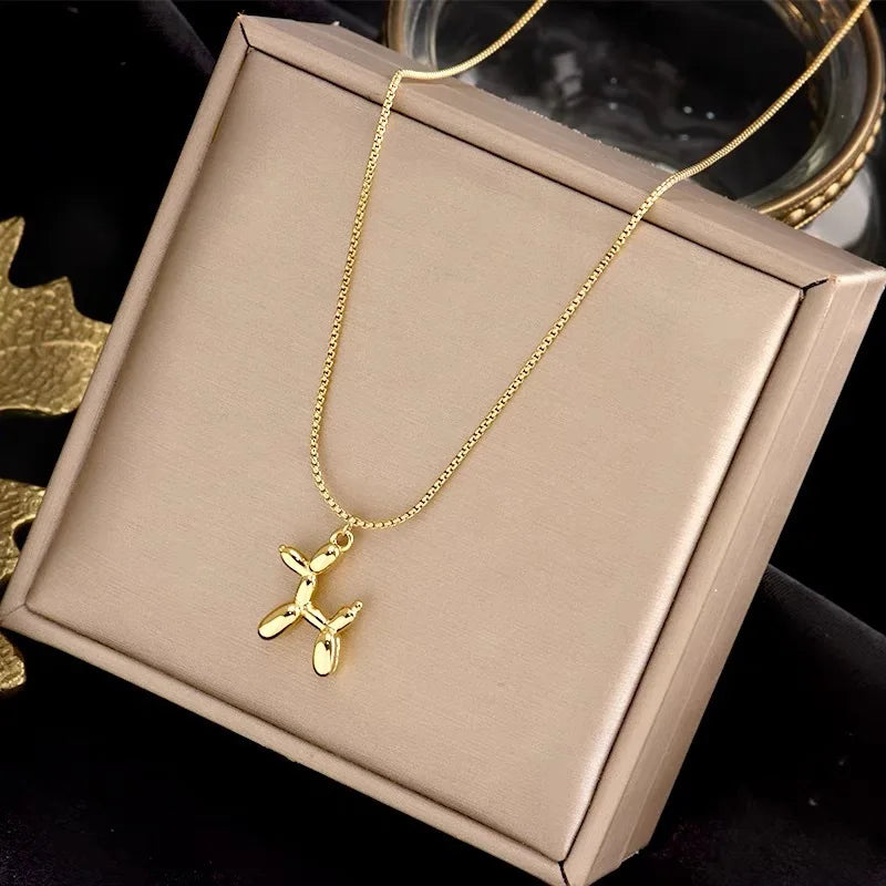 316L Stainless Steel Balloon Dog Pendant Necklace - Playful Gold Tone Charm