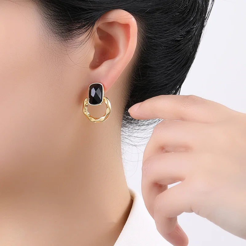 French Black Geometric Dangle Earrings