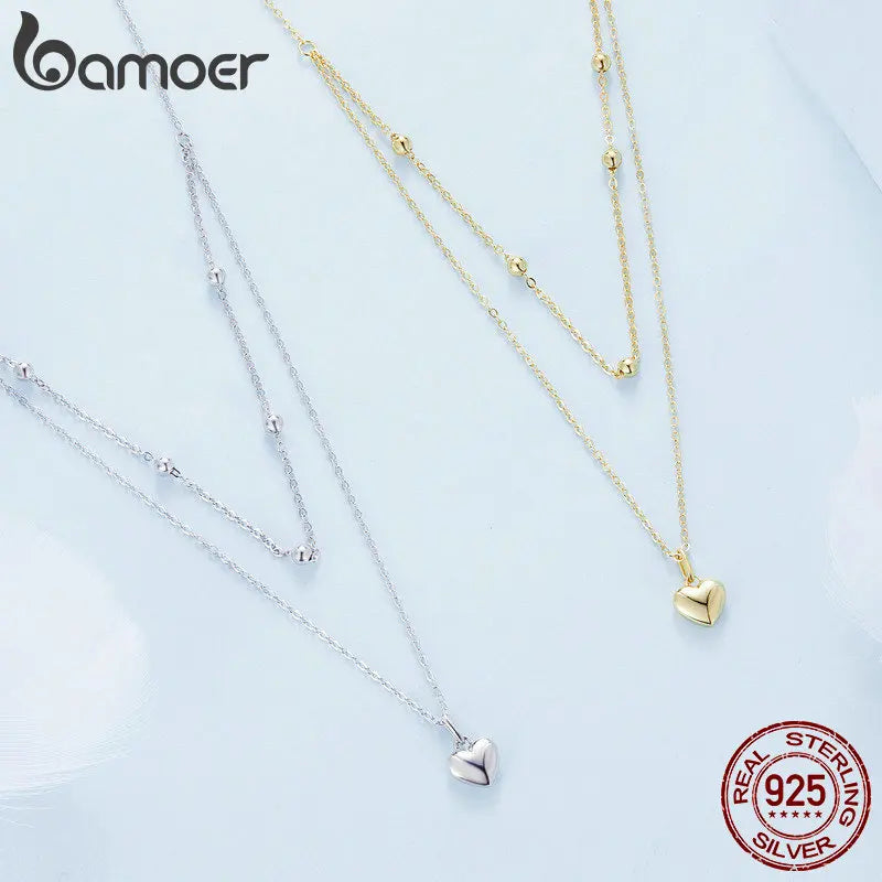 BAMOER 925 Sterling Silver Heart Necklace - Double Layer Choker