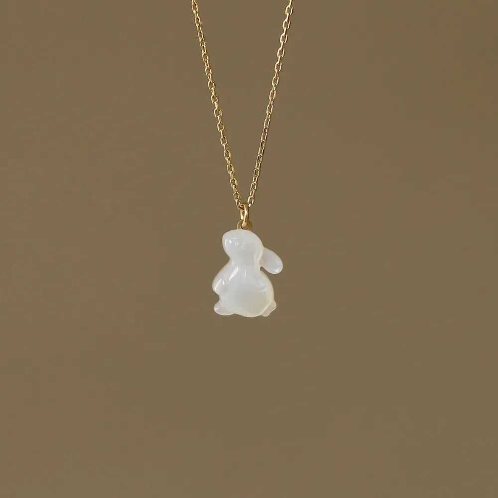 18K Gold Plated Jade Rabbit Moon Pendant Necklace - White Shell Accent