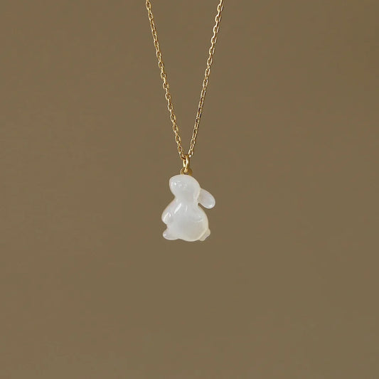 18K Gold Plated Jade Rabbit Moon Pendant Necklace - White Shell Accent