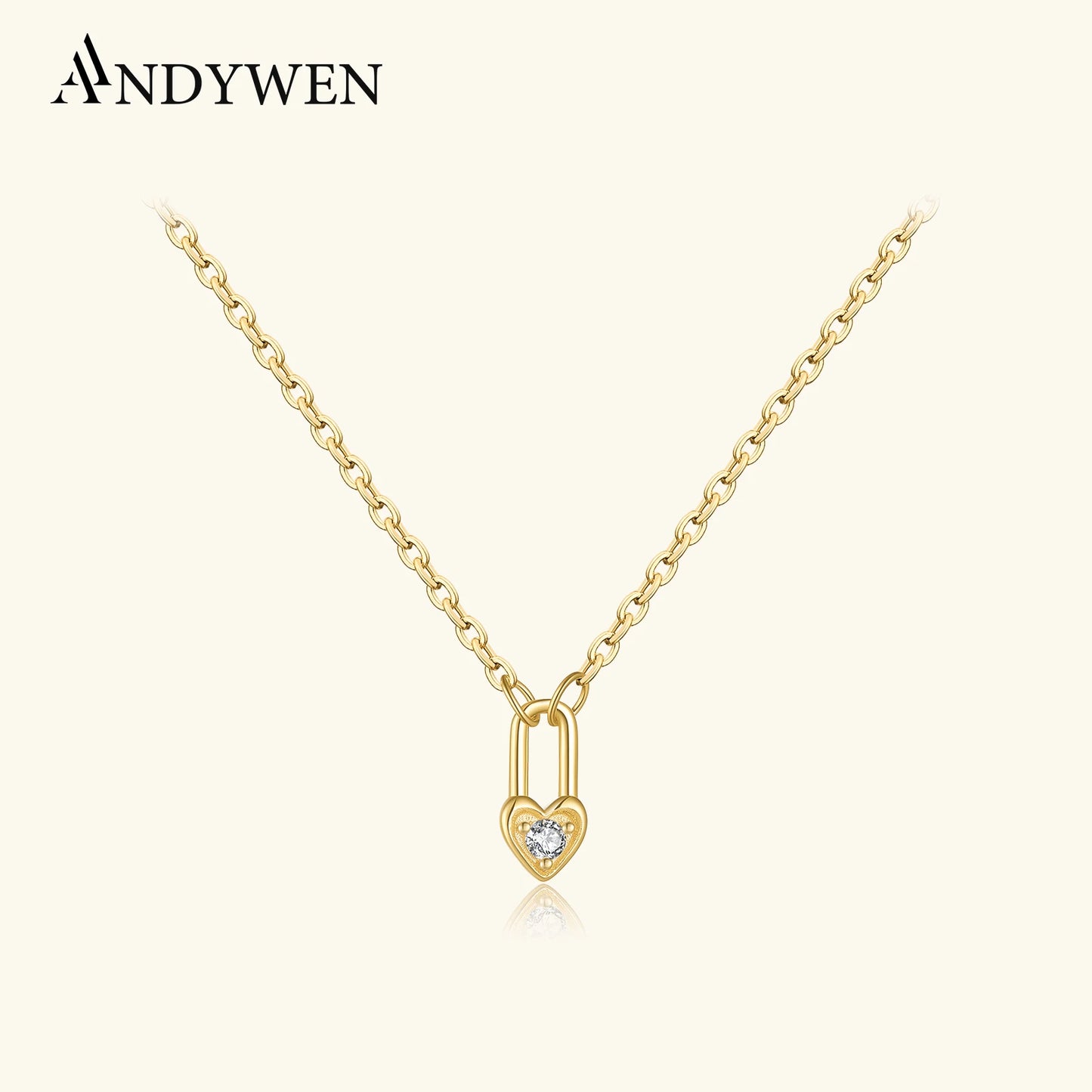 ANDYWEN 925 Sterling Silver Heart Padlock Necklace - Key Charm Choker