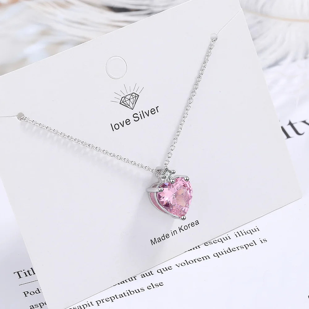 925 Sterling Silver Pink Heart Necklace - Luxury Zircon Pendant