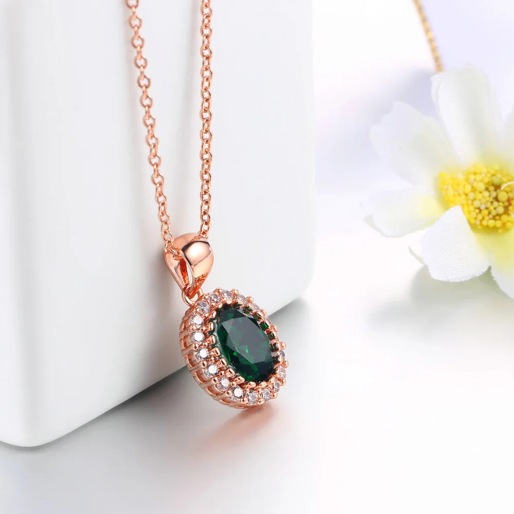 Rose Gold Green Crystal Pendant Necklace - Elegant Occasion Jewelry