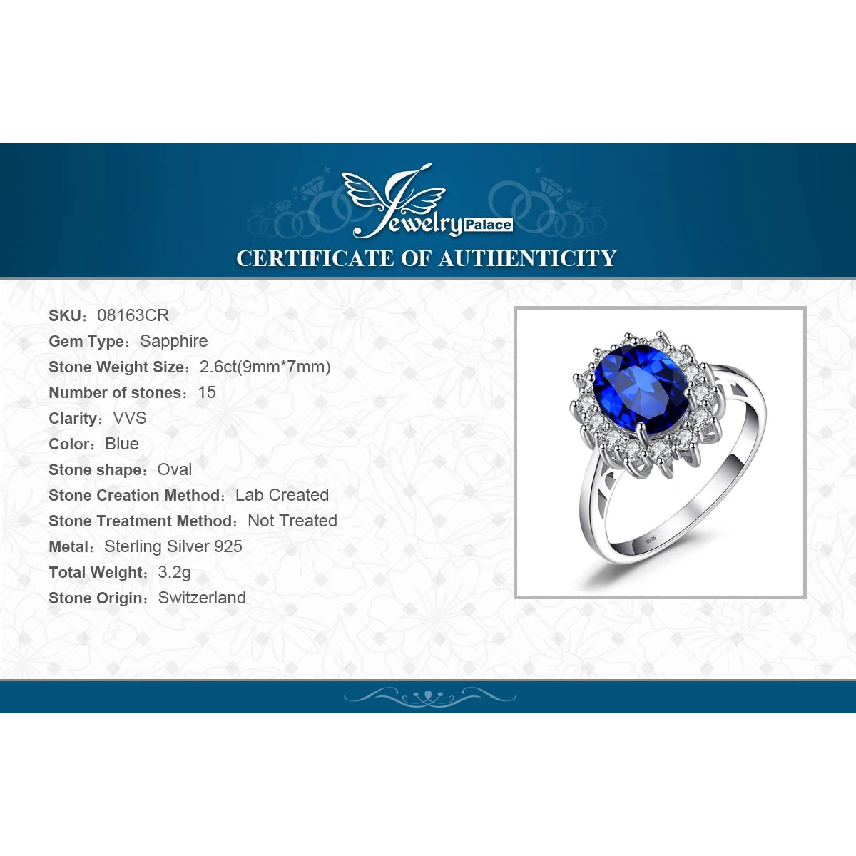 925 Sterling Silver Princess Diana Sapphire Ring