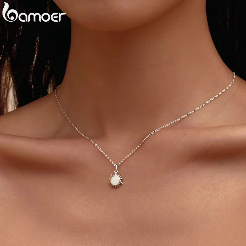 BAMOER 925 Sterling Silver White Opal Sun Necklace - Apollo Pendant