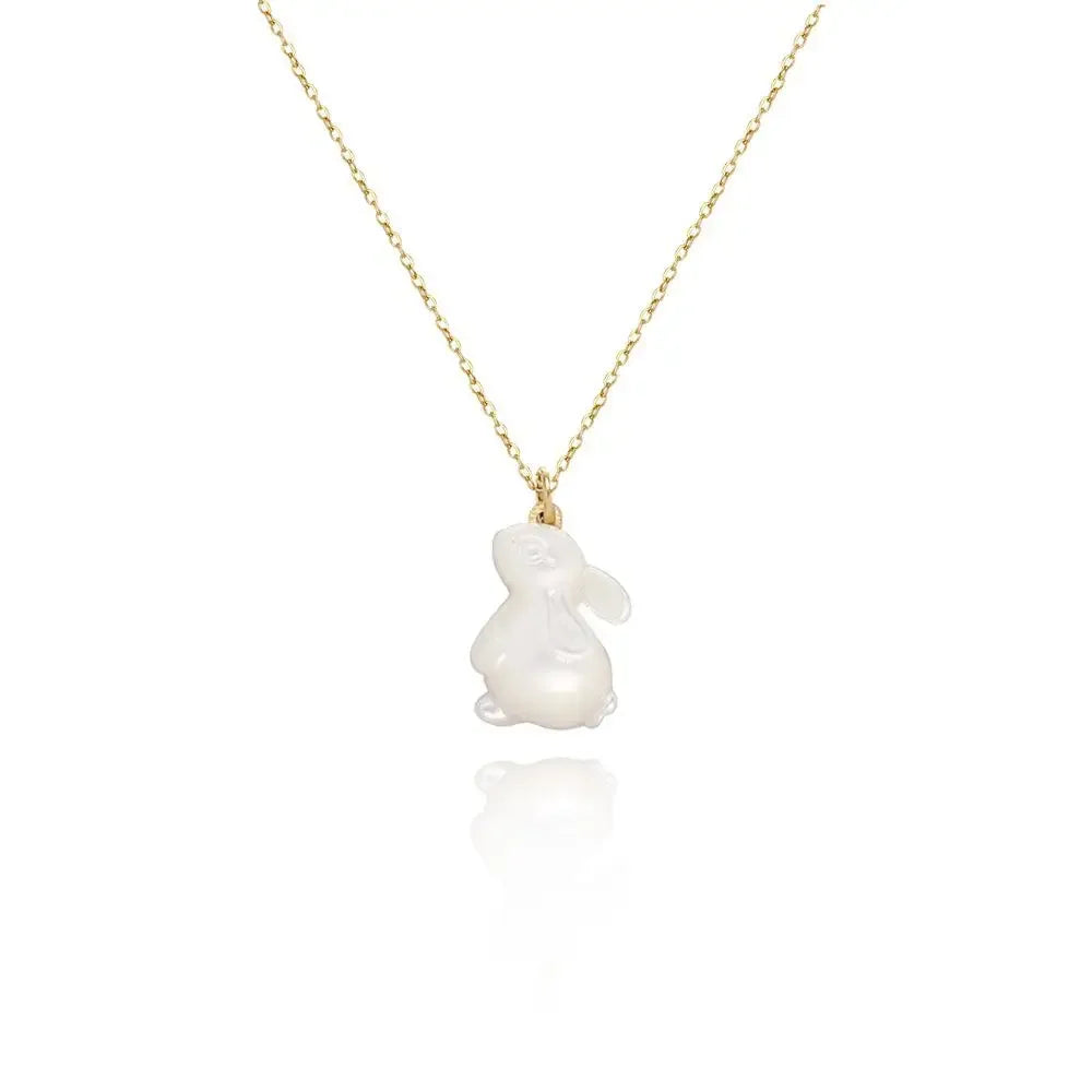 18K Gold Plated Jade Rabbit Moon Pendant Necklace - White Shell Accent