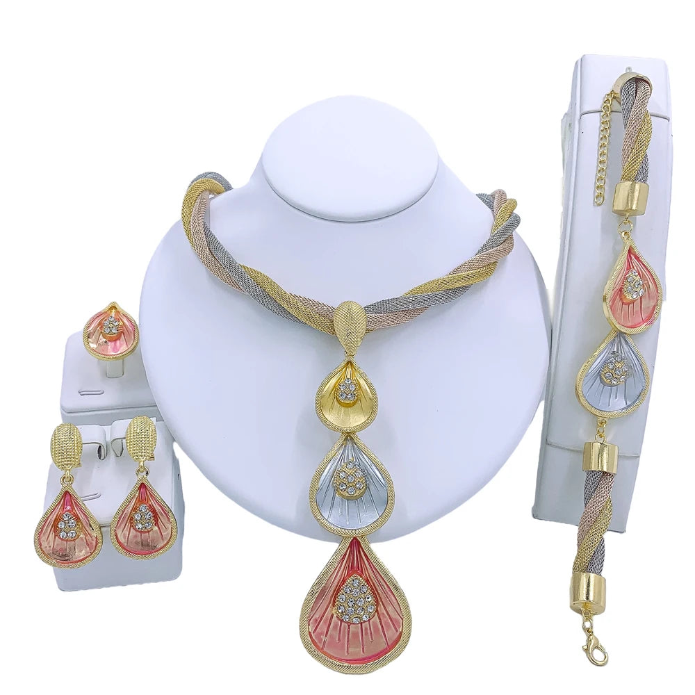 Dubai Gold Floral Jewelry Set - Necklace, Earrings, Bracelet & Ring