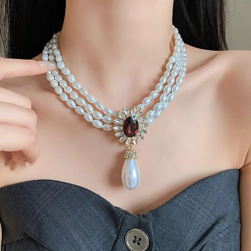 French Style Pearl Necklace & Earrings Set - Rhinestone Flower Design