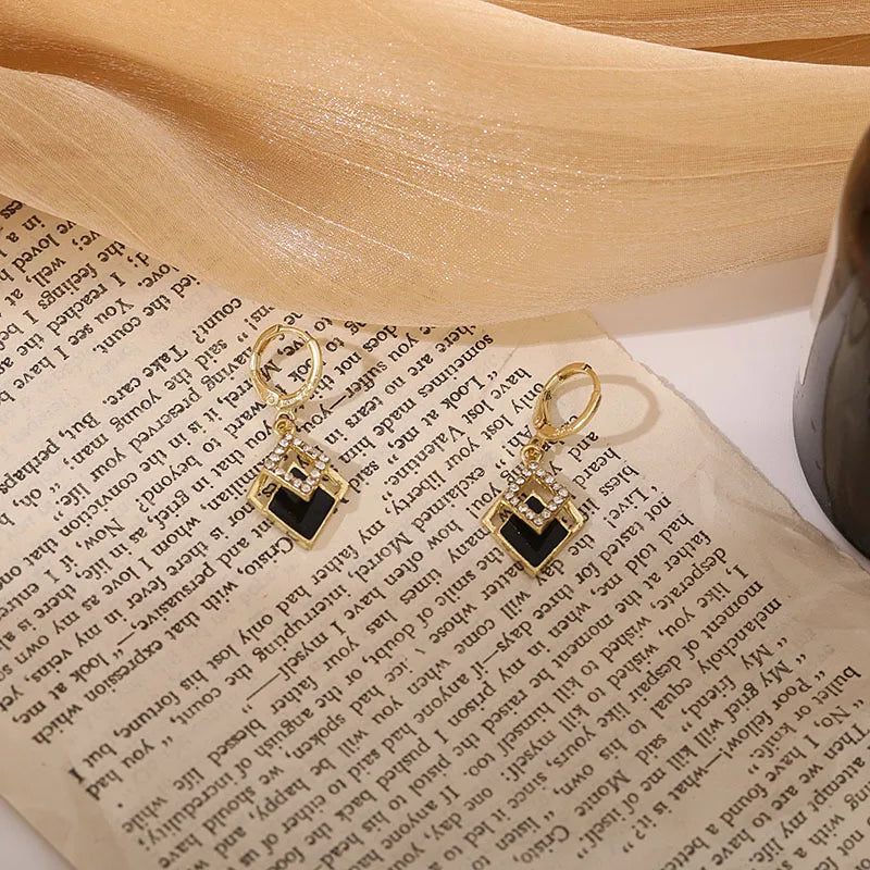 Gold Tone Black Rhombus Rhinestone Drop Earrings