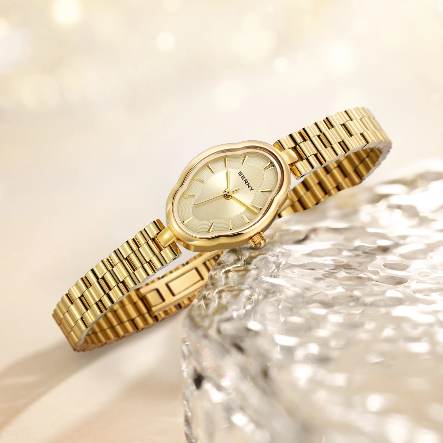 BERNY Gold Quartz Watch & Bracelet Set - Minimalist Ladies Wristwatch