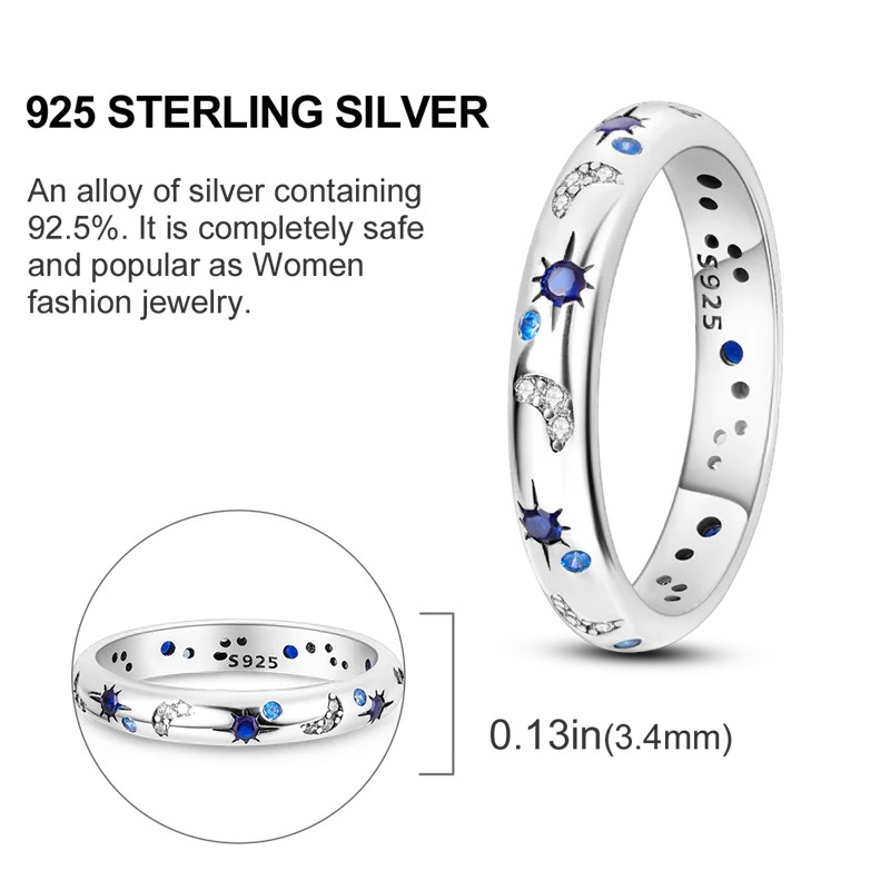 Blue Zircon Star & Moon Ring - 925 Sterling Silver Design