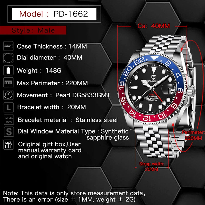 PAGANI DESIGN PD-1662 GMT Automatic Watch - Sapphire Glass 100M