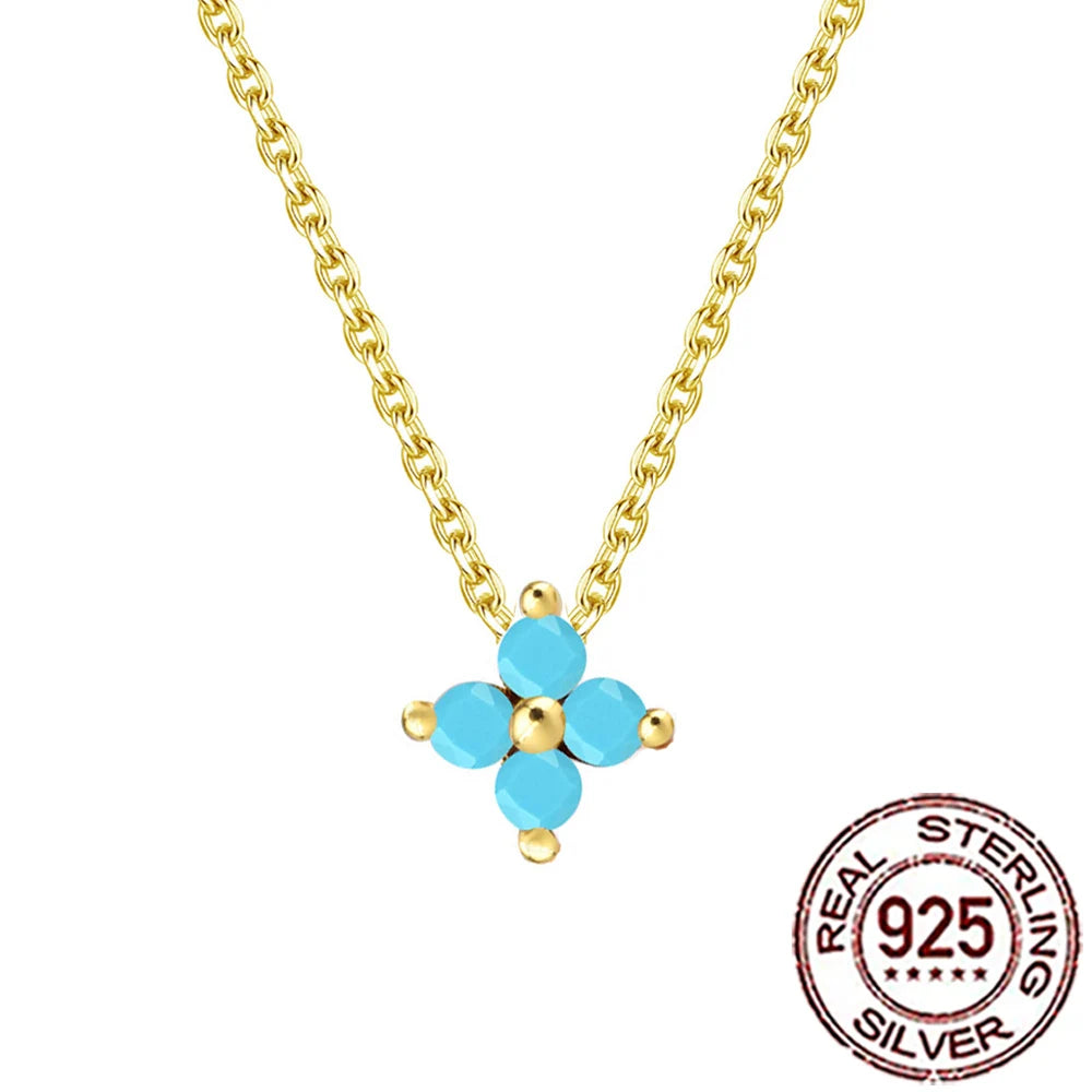 925 Sterling Silver Four Leaf Flower Necklace - Blue Turquoise Accent