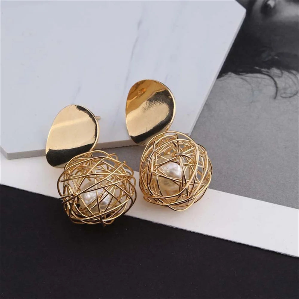 Gold Tone Geometric Ball Drop Earrings