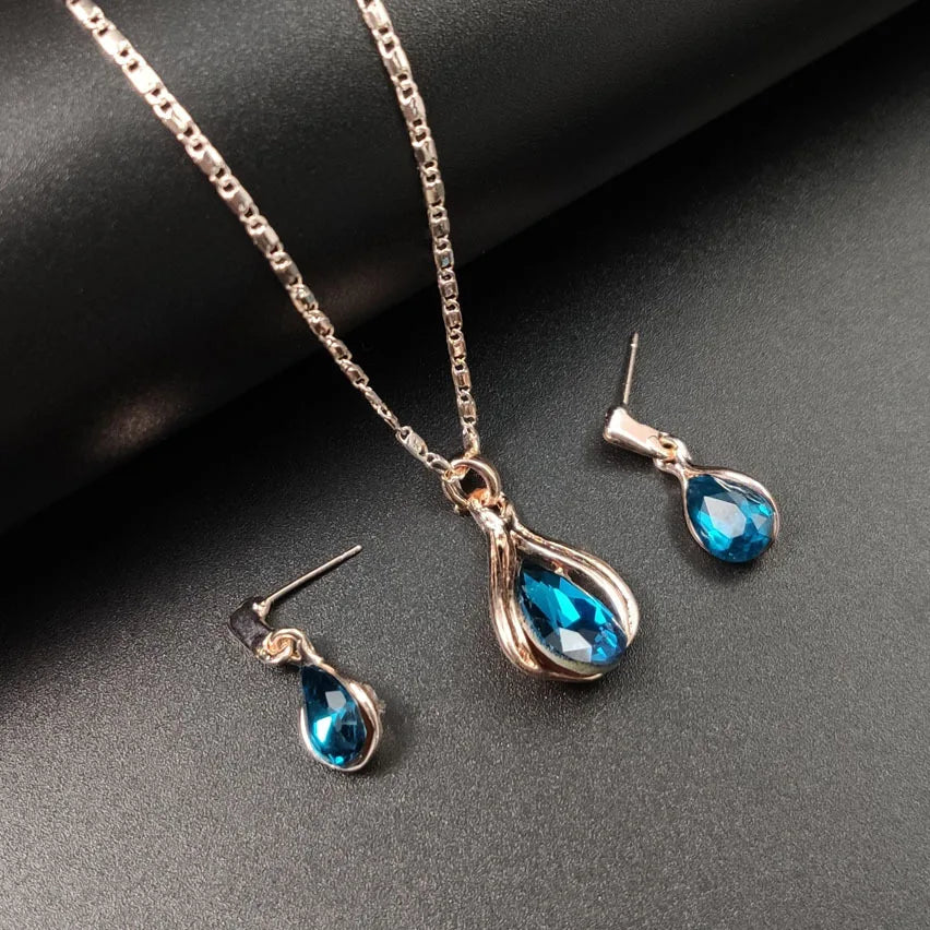 Blue Green Water Drop Jewelry Set - Geometric Necklace & Earrings