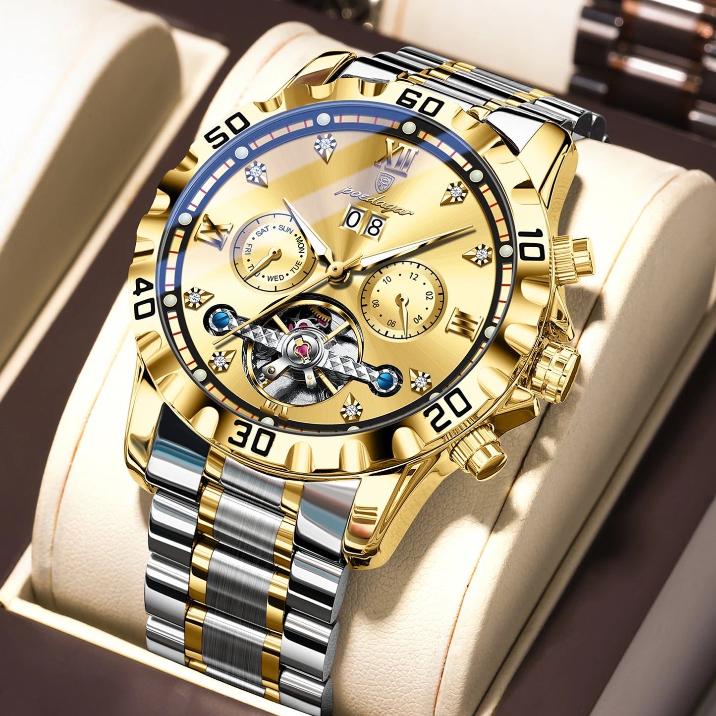 POEDAGAR Automatic Hollow Dial Men's Watch - Date Week Mechanical
