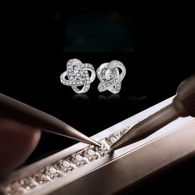 925 Sterling Silver Crystal Knot Flower Stud Earrings