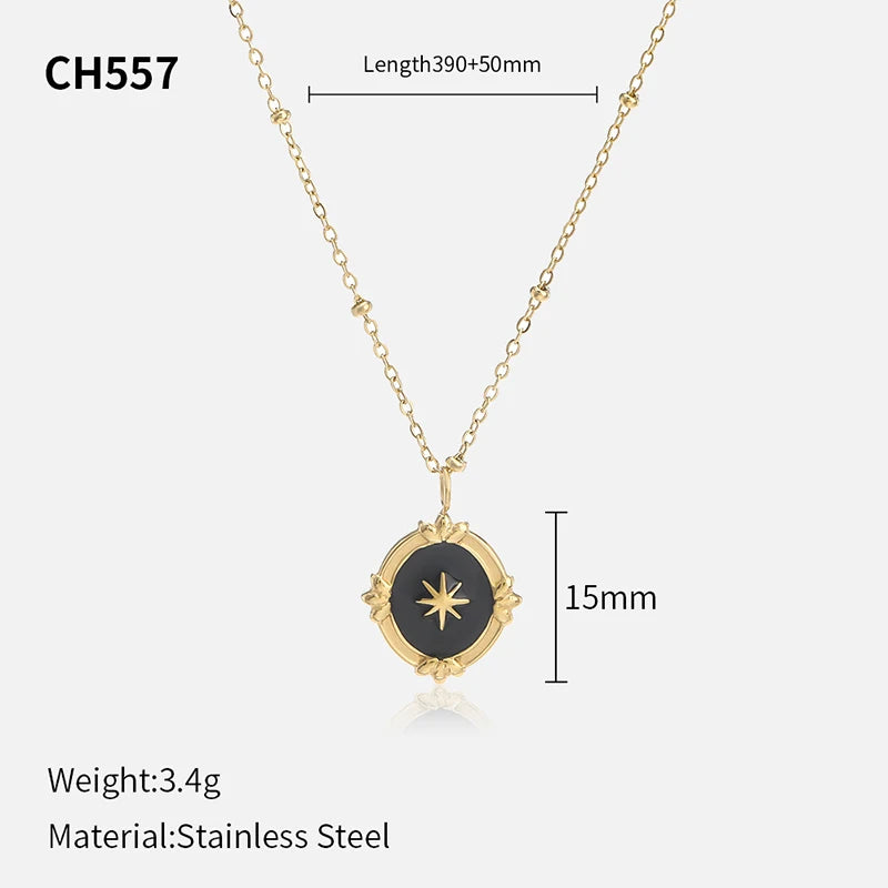French Vintage Star & Moon Pendant Necklace - 316L Stainless Steel Chain