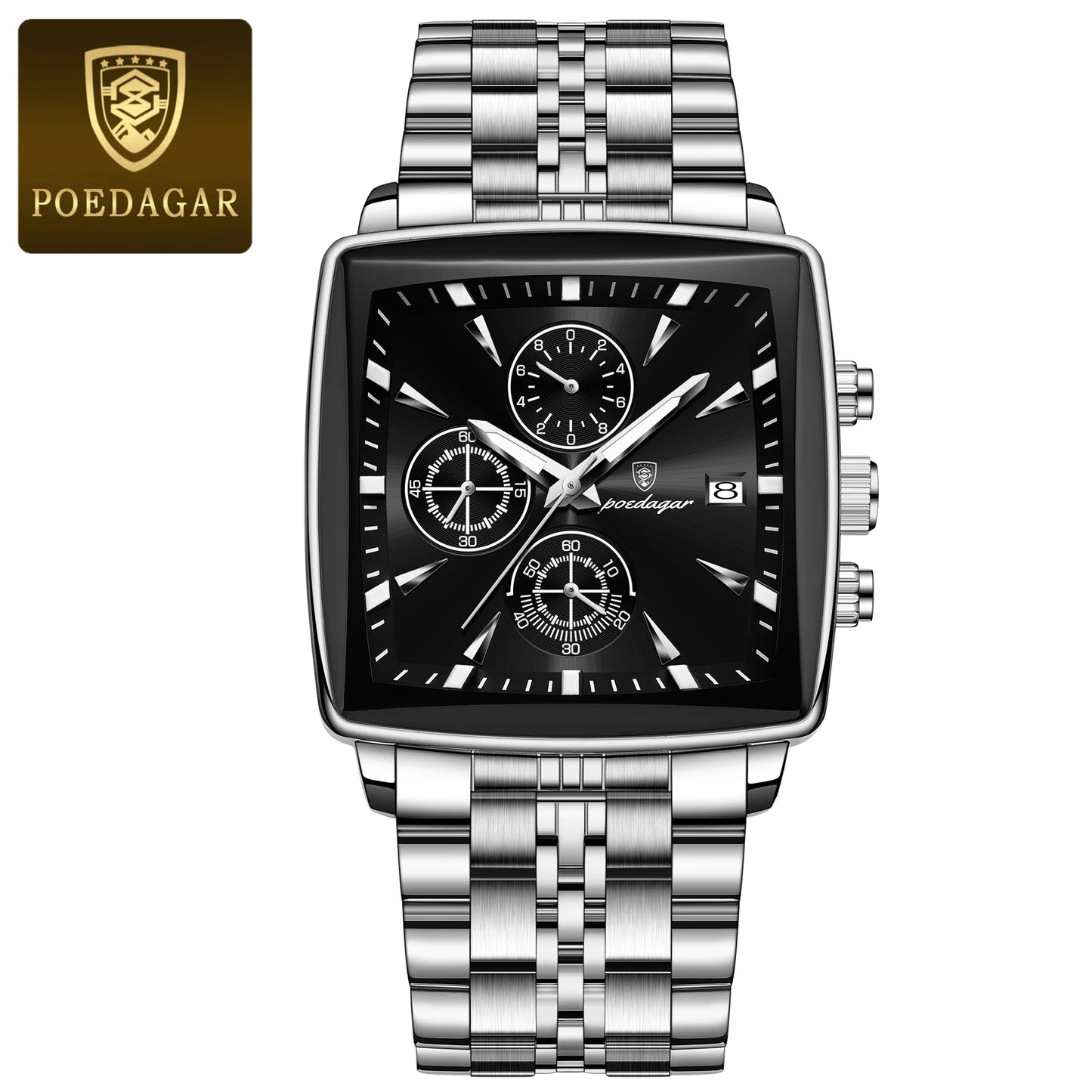 POEDAGAR Square Chronograph Men's Watch - Luminous Waterproof Quartz