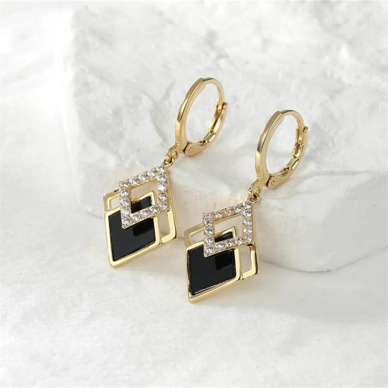 Gold Tone Black Rhombus Rhinestone Drop Earrings