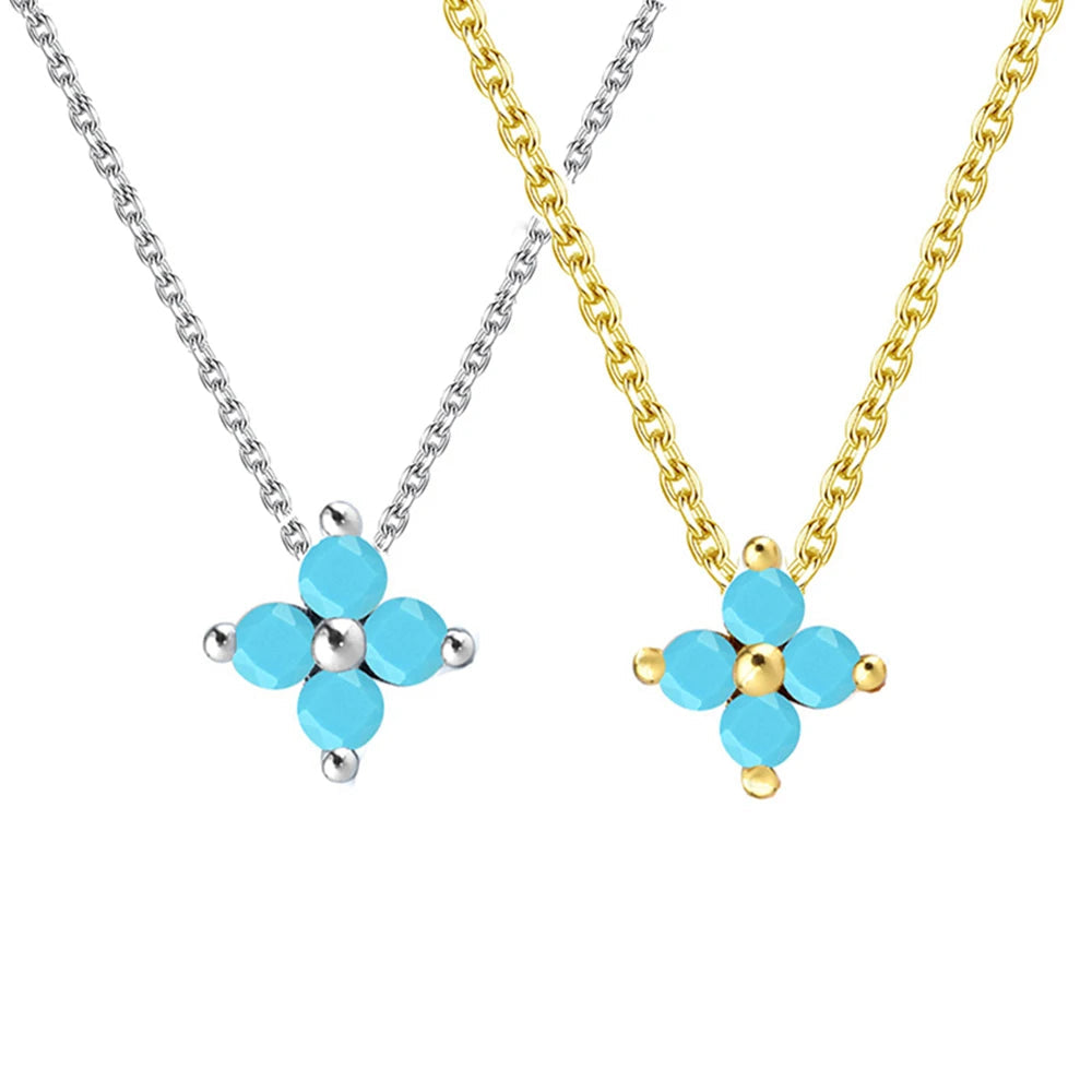 925 Sterling Silver Four Leaf Flower Necklace - Blue Turquoise Accent
