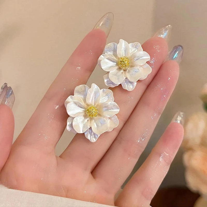 White Camellia Flower Stud Earrings