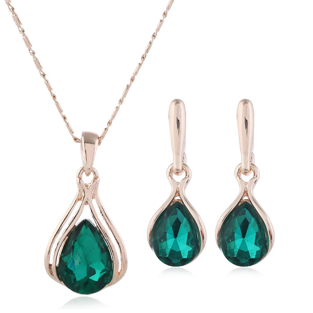 Blue Green Water Drop Jewelry Set - Geometric Necklace & Earrings