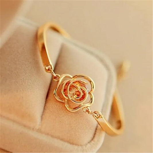 Gold-tone Rose Flower Cuff Bracelet