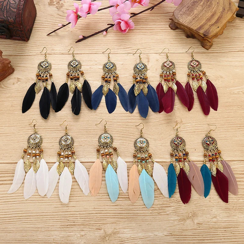 Vintage Boho Leaf Feather Tassel Earrings