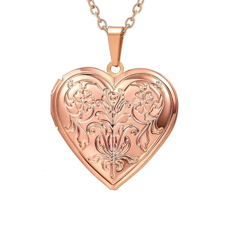 Custom Photo Heart Locket Necklace - Rose Embossed Memorial Jewelry