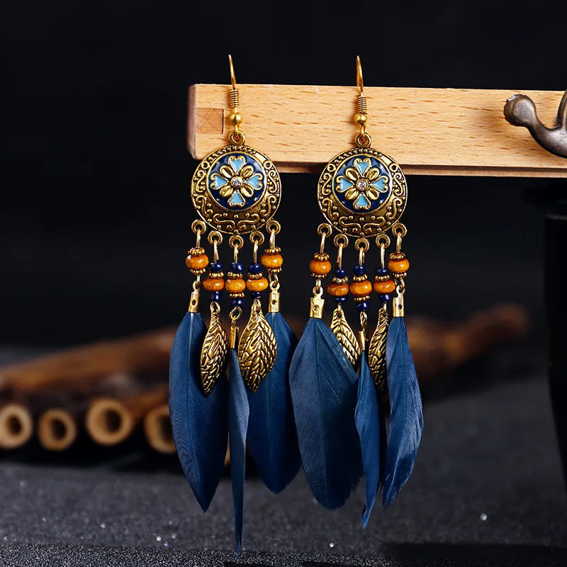 Vintage Boho Leaf Feather Tassel Earrings