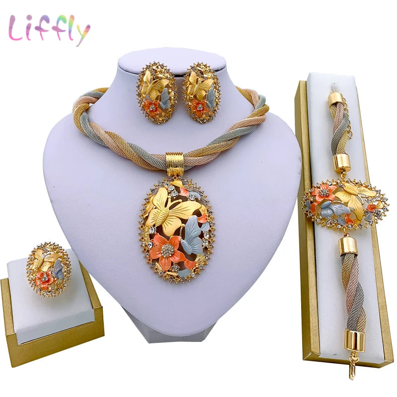 Dubai Gold Floral Jewelry Set - Necklace, Earrings, Bracelet & Ring