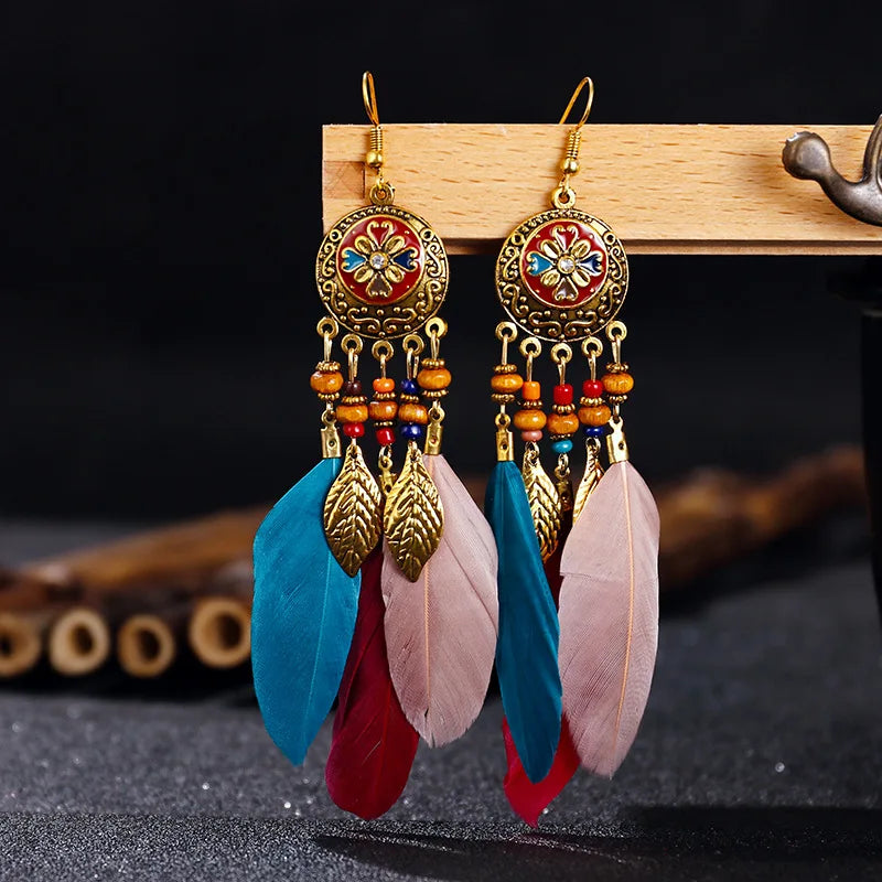 Vintage Boho Leaf Feather Tassel Earrings